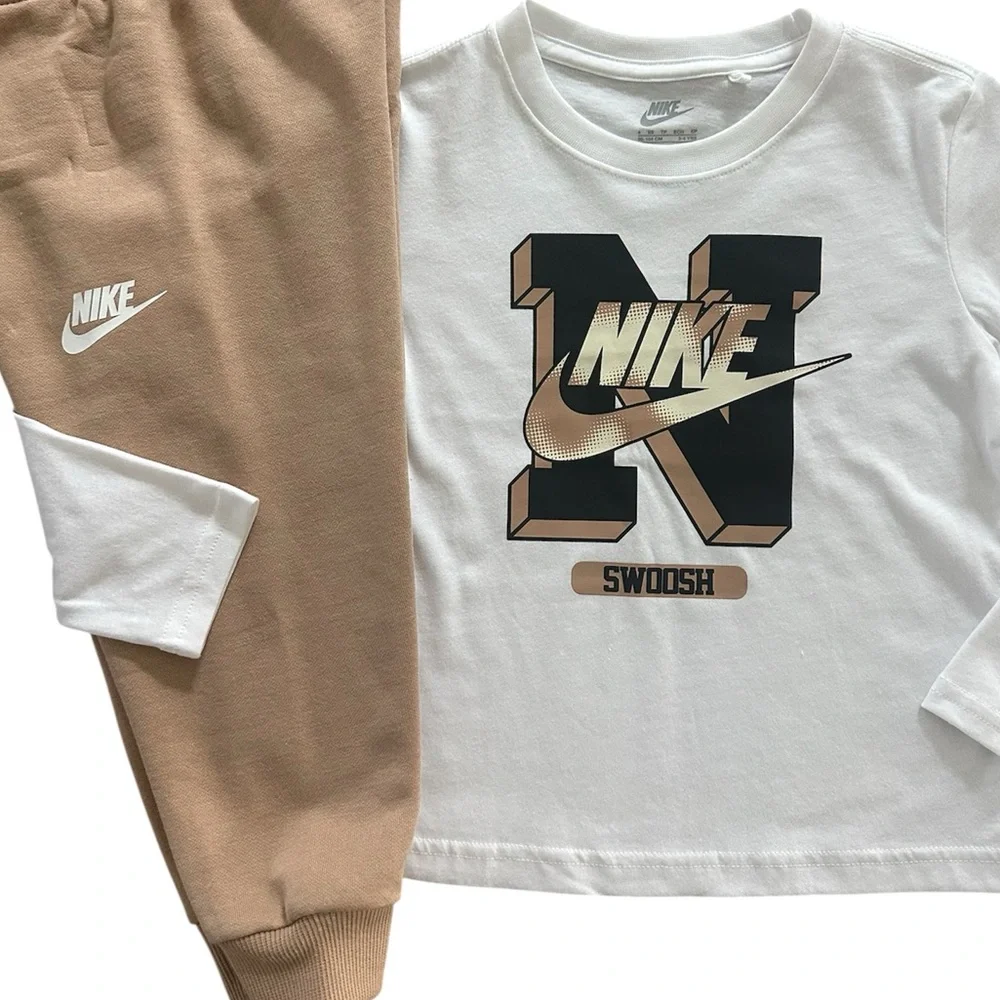 Nike Long Sleeve Logo T-Shirt & Tan Jogger Pants 2 Piece Set Boys Size 4 NWT